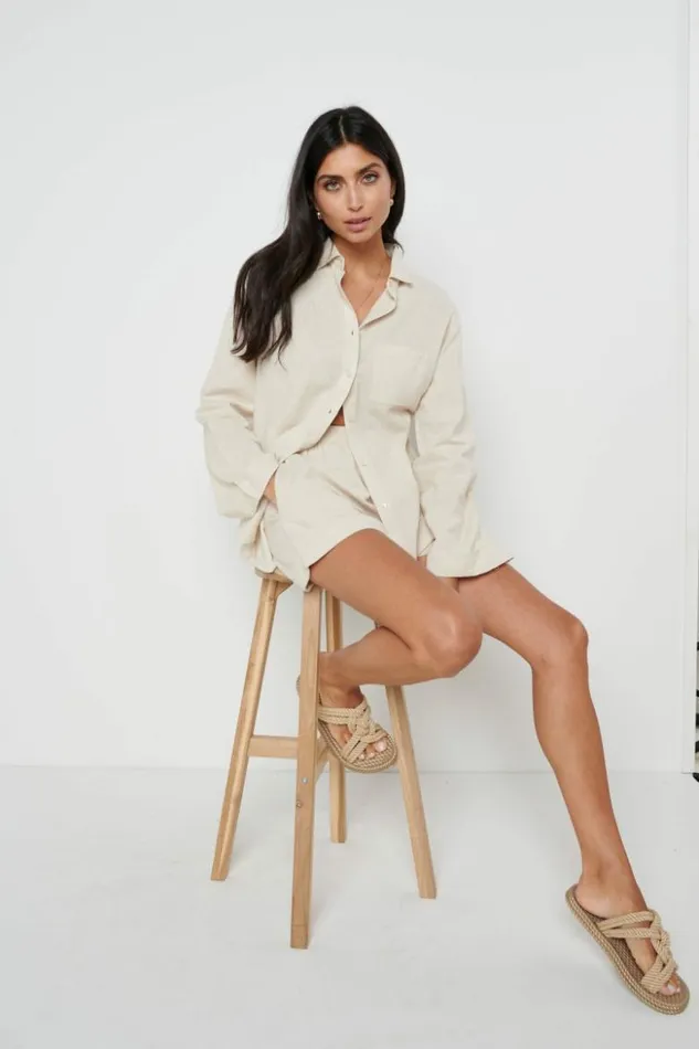 Pretty Lavish Tops Women Belle Boxy Linen Shirt Beige