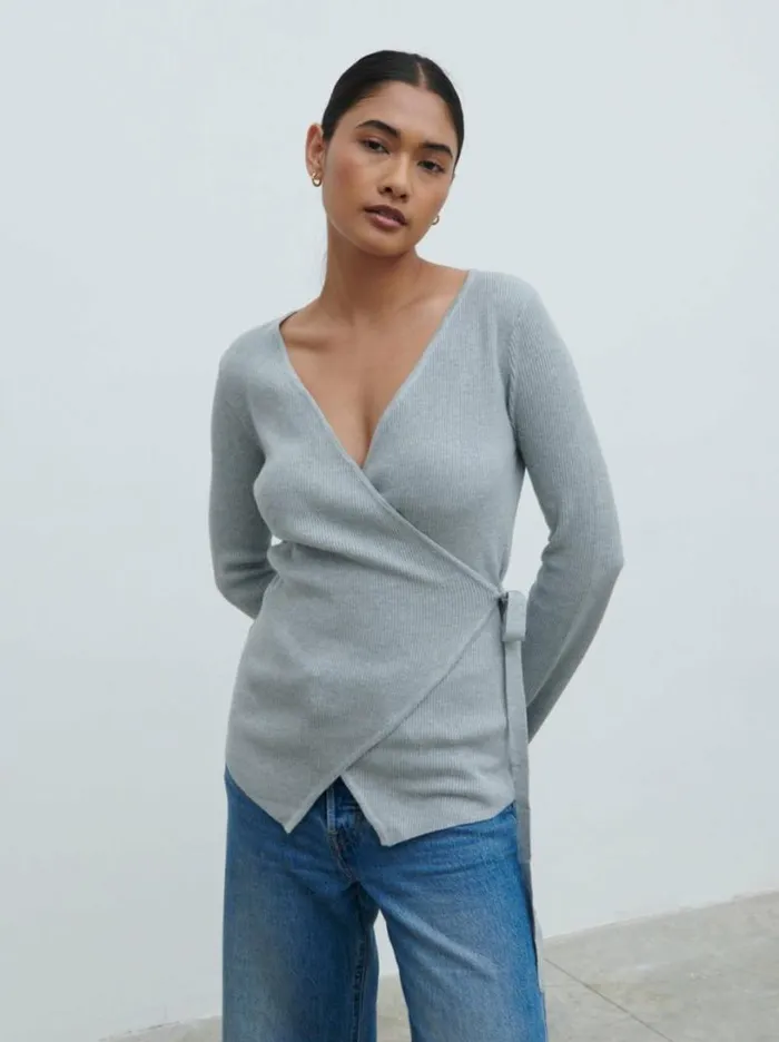 Pretty Lavish Tops Women Bettie Wrap Knit Cardigan Grey