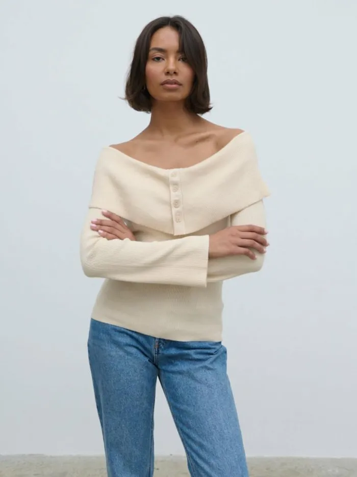 Pretty Lavish Tops Women Elora Bardot Button Front Knit Top Beige