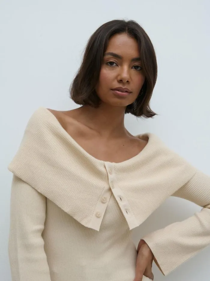 Pretty Lavish Tops Women Elora Bardot Button Front Knit Top Beige