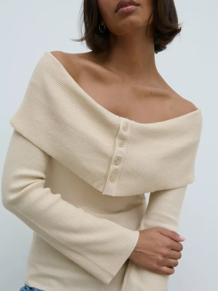 Pretty Lavish Tops Women Elora Bardot Button Front Knit Top Beige