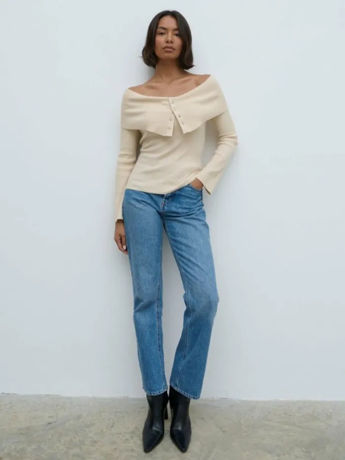 Pretty Lavish Tops Women Elora Bardot Button Front Knit Top Beige