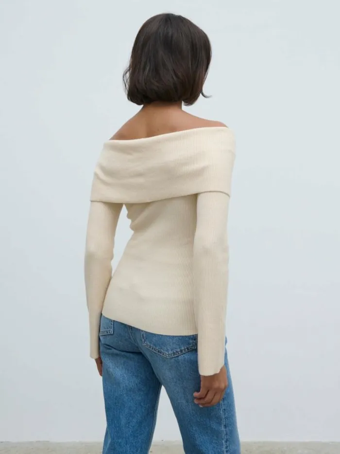 Pretty Lavish Tops Women Elora Bardot Button Front Knit Top Beige