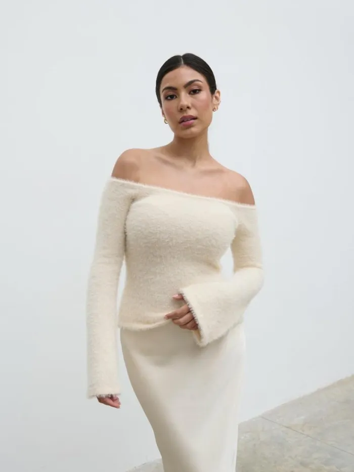 Pretty Lavish Tops Women Erika Bardot Fluffy Knit Top Cream