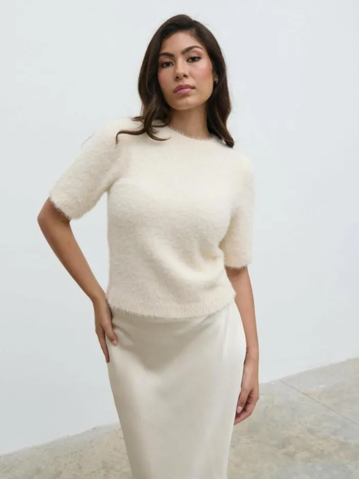 Pretty Lavish Tops Women Kelly Cropped Fluffy Knit TShirt Cream