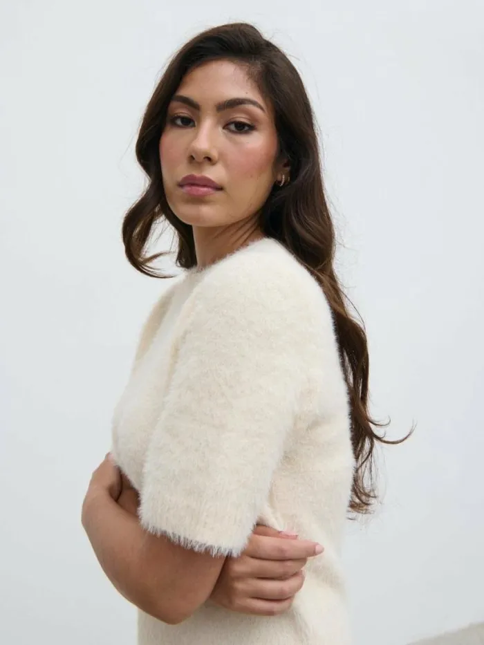 Pretty Lavish Tops Women Kelly Cropped Fluffy Knit TShirt Cream