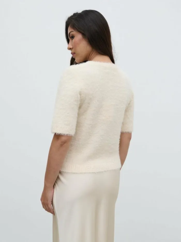 Pretty Lavish Tops Women Kelly Cropped Fluffy Knit TShirt Cream