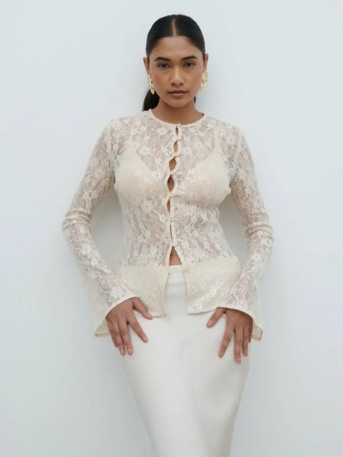 Pretty Lavish Tops Women Tai Sequin Lace Cardigan Cream