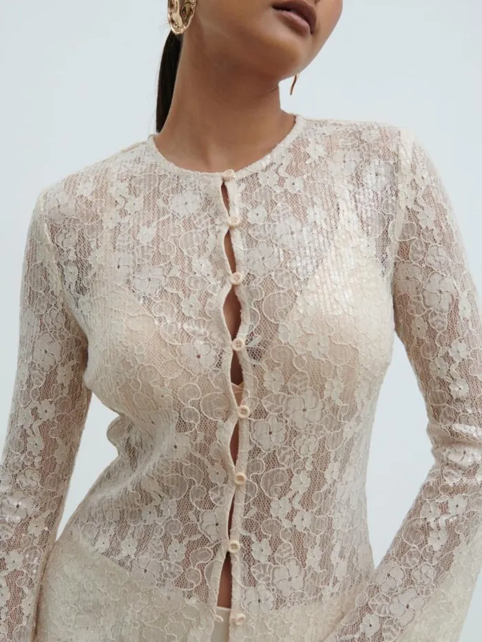 Pretty Lavish Tops Women Tai Sequin Lace Cardigan Cream