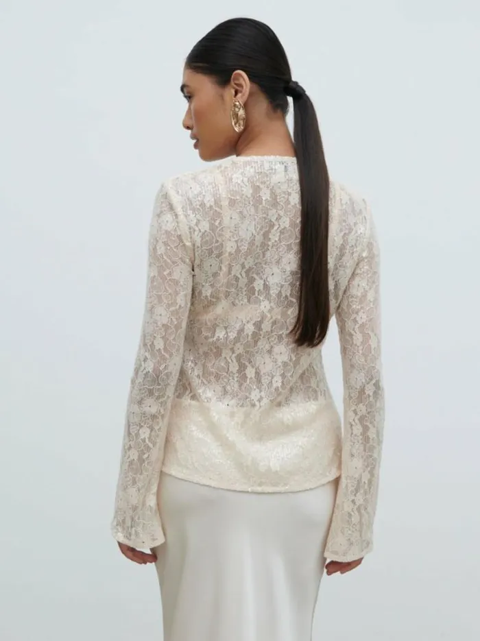 Pretty Lavish Tops Women Tai Sequin Lace Cardigan Cream