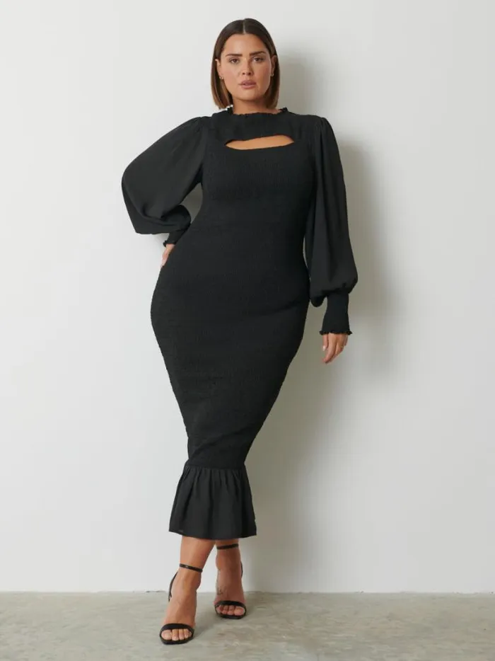 Pretty Lavish Wedding Guest Women Elise Cut Out Shirred Midaxi Dress Curve Black