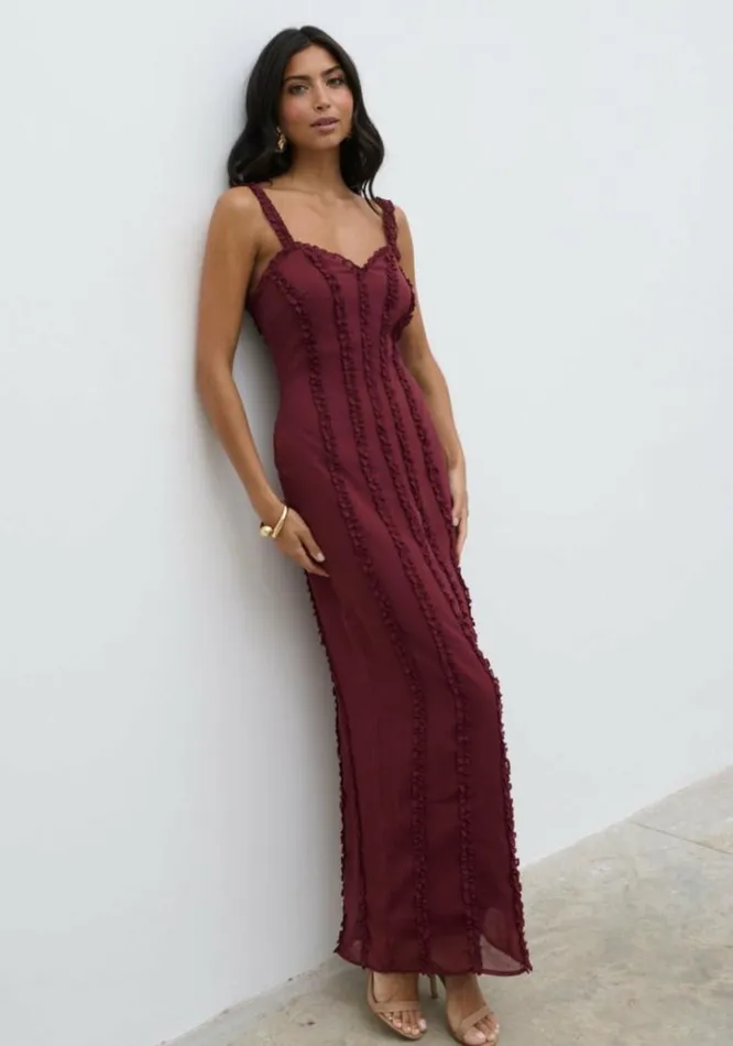 Pretty Lavish Wedding Guest Women Ola Sweetheart Frill Maxi Dress Wine