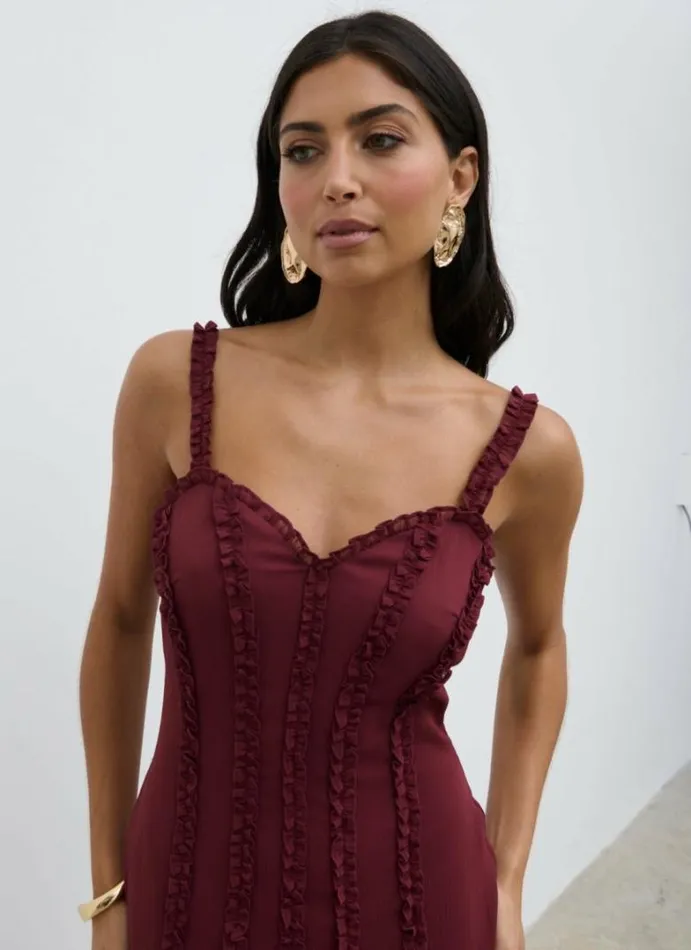 Pretty Lavish Wedding Guest Women Ola Sweetheart Frill Maxi Dress Wine
