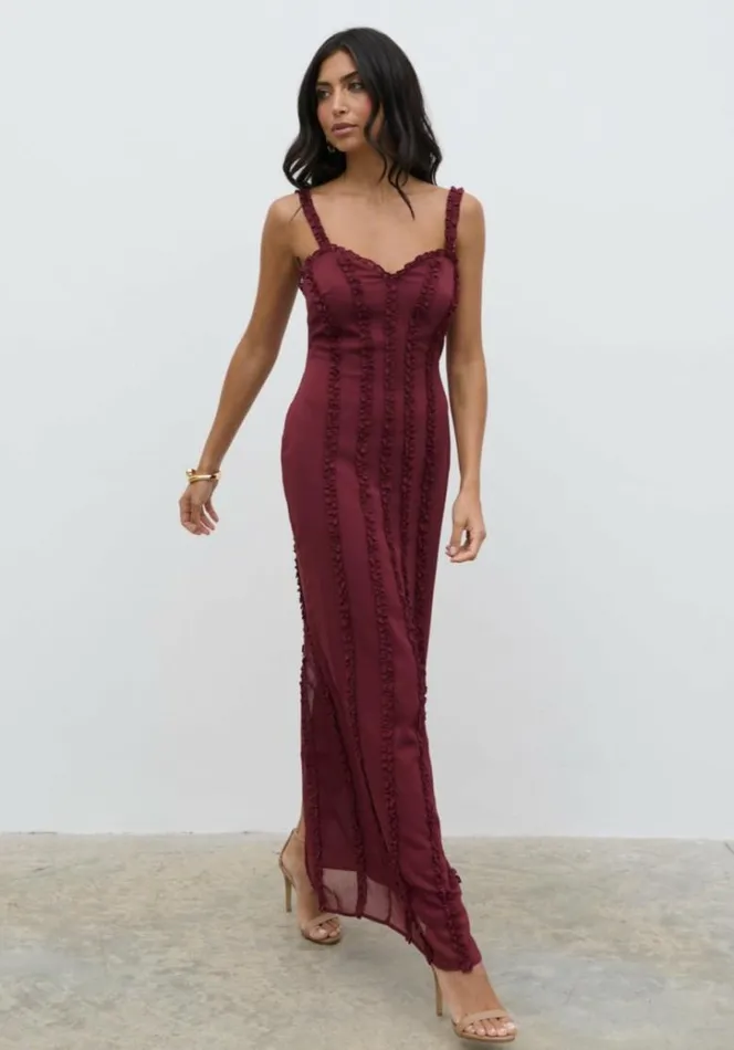 Pretty Lavish Wedding Guest Women Ola Sweetheart Frill Maxi Dress Wine