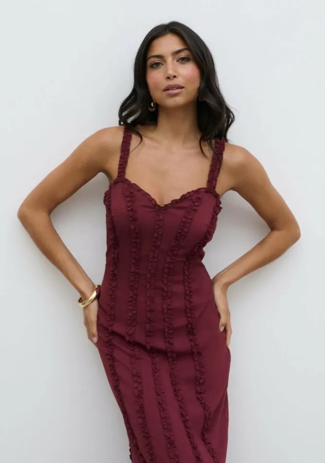 Pretty Lavish Wedding Guest Women Ola Sweetheart Frill Maxi Dress Wine