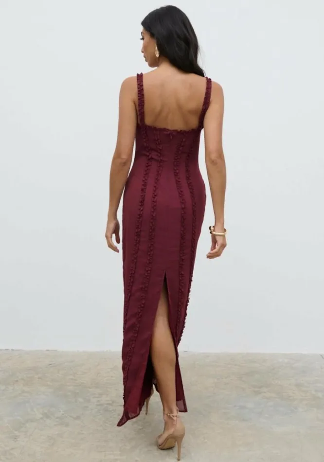 Pretty Lavish Wedding Guest Women Ola Sweetheart Frill Maxi Dress Wine