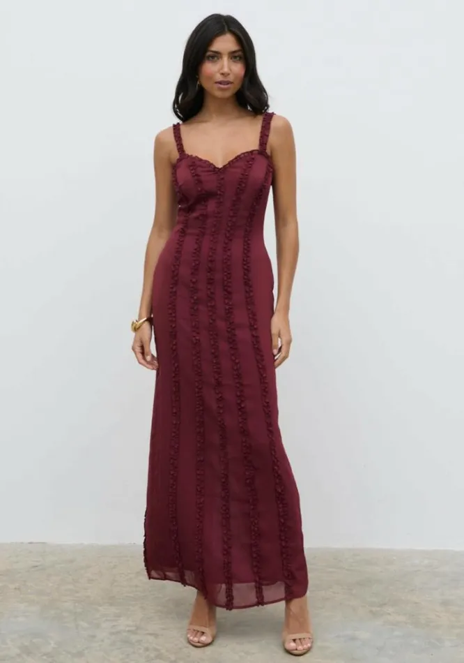 Pretty Lavish Wedding Guest Women Ola Sweetheart Frill Maxi Dress Wine