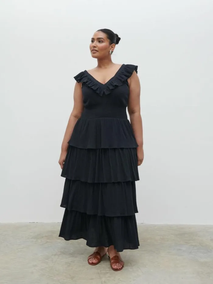 Pretty Lavish Wedding Guest Women Opal Ruffle Midaxi Dress Curve Black