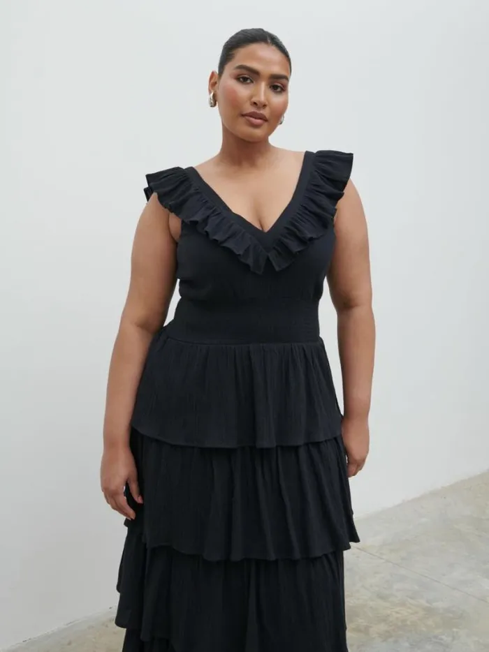 Pretty Lavish Wedding Guest Women Opal Ruffle Midaxi Dress Curve Black