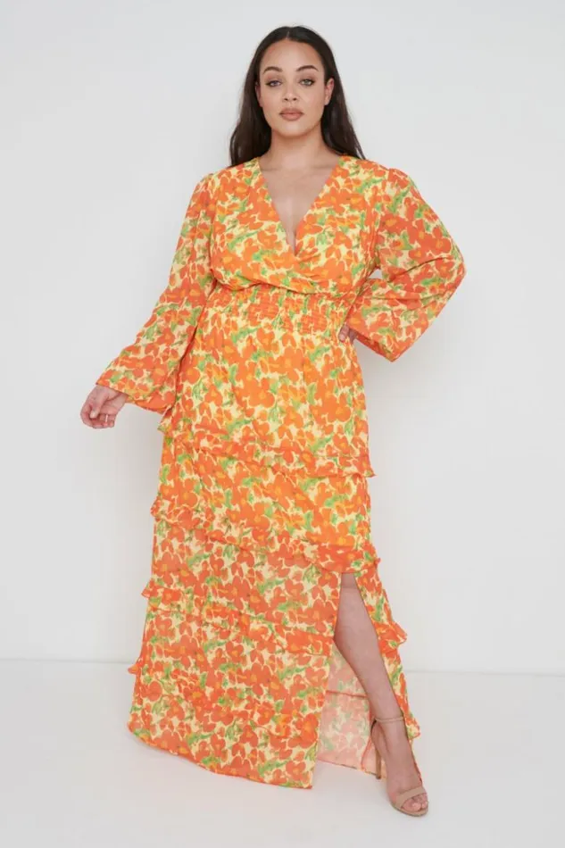 Pretty Lavish Wedding Guest Women Rochelle Shirred Waist Maxi Dress Curve Orange And Yellow Floral Pretty Lavish Wedding Guest Women Rochelle Shirred Waist Maxi Dress Curve Orange And Yellow Floral