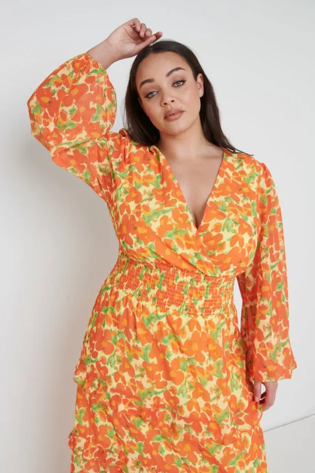 Pretty Lavish Wedding Guest Women Rochelle Shirred Waist Maxi Dress Curve Orange And Yellow Floral