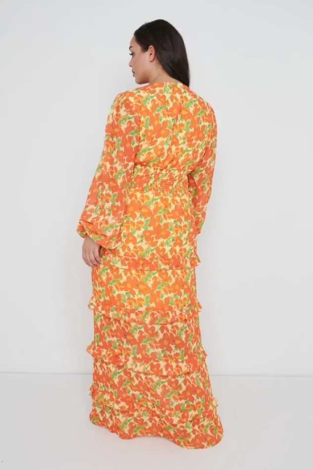 Pretty Lavish Wedding Guest Women Rochelle Shirred Waist Maxi Dress Curve Orange And Yellow Floral