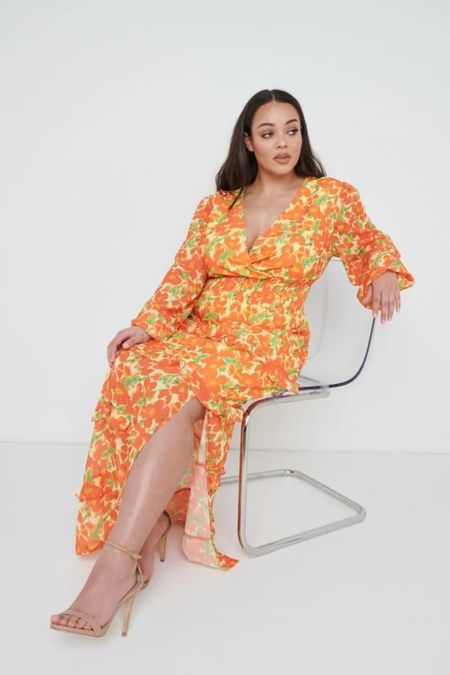Pretty Lavish Wedding Guest Women Rochelle Shirred Waist Maxi Dress Curve Orange And Yellow Floral