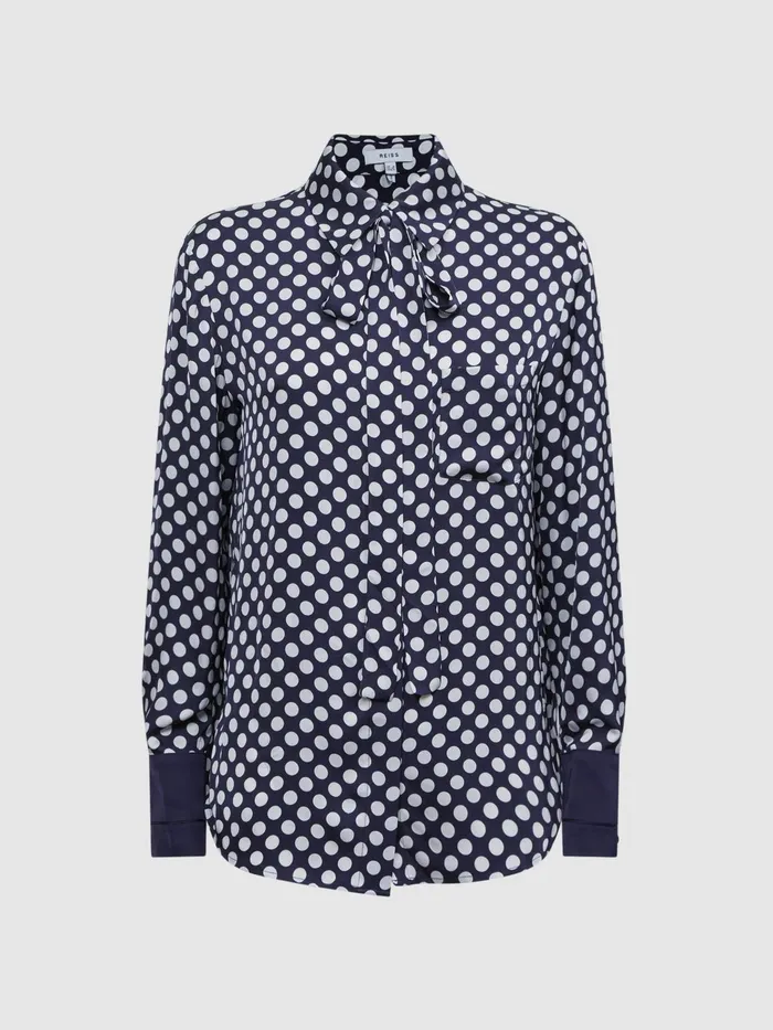 Reiss Blouses and Shirts Ezra Polka Dot Long Sleeve Neck Tie Blouse Navywhite 8211 Women