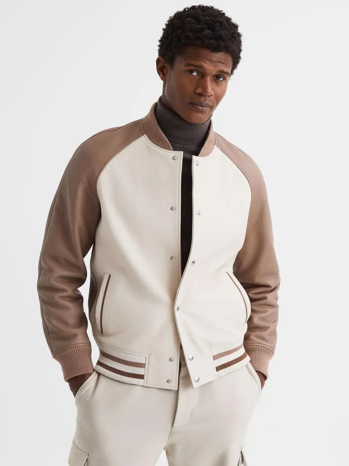 Reiss Coats and Jackets Cortez Leather Bomber Jacket Ecrutaupe 8211 Men