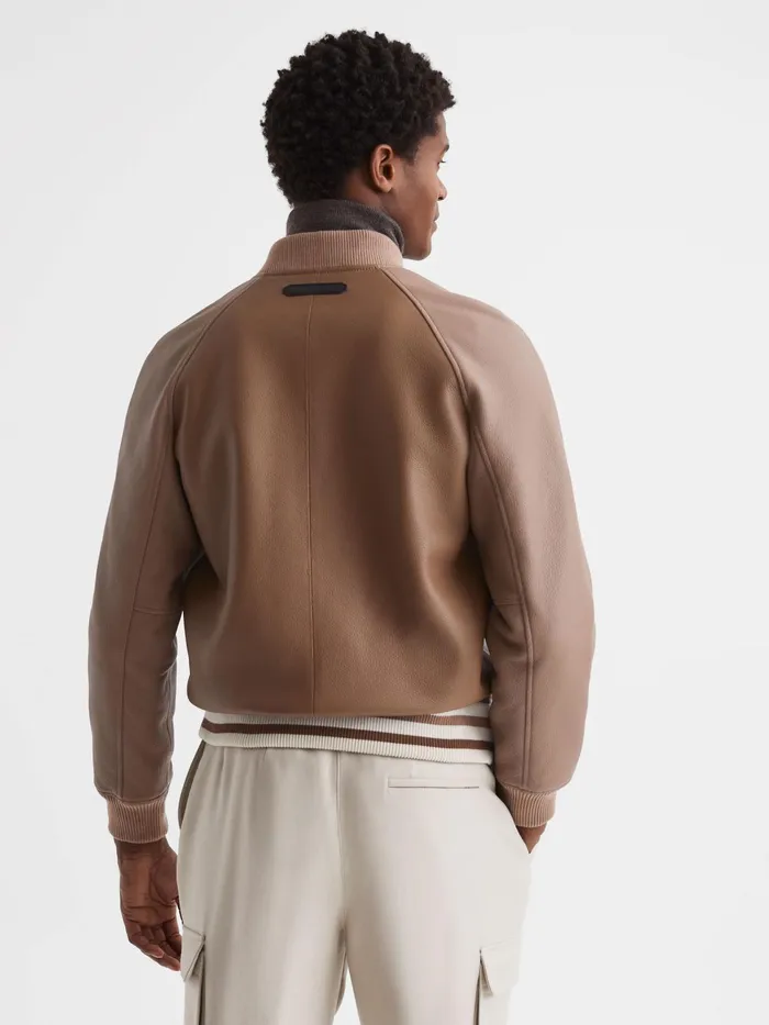 Reiss Coats and Jackets Cortez Leather Bomber Jacket Ecrutaupe 8211 Men