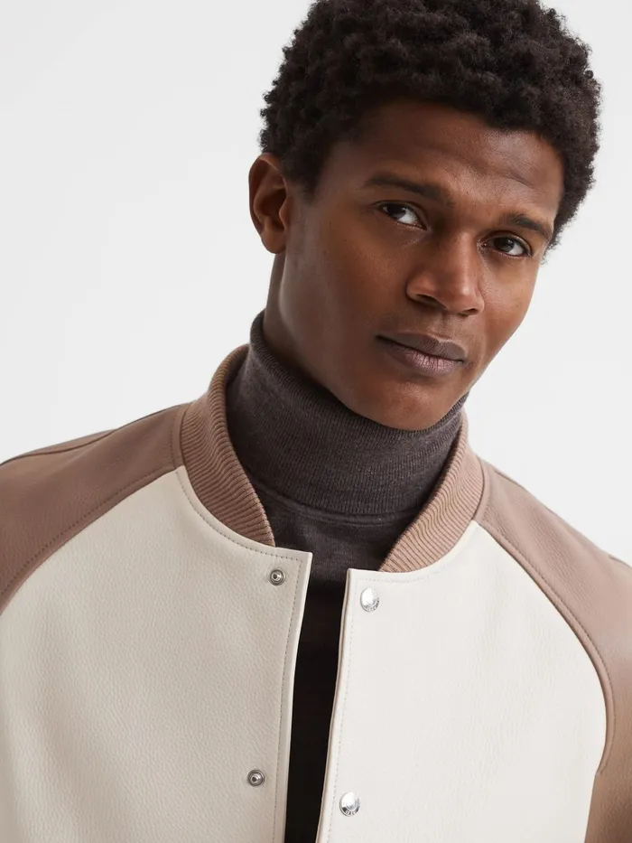Reiss Coats and Jackets Cortez Leather Bomber Jacket Ecrutaupe 8211 Men