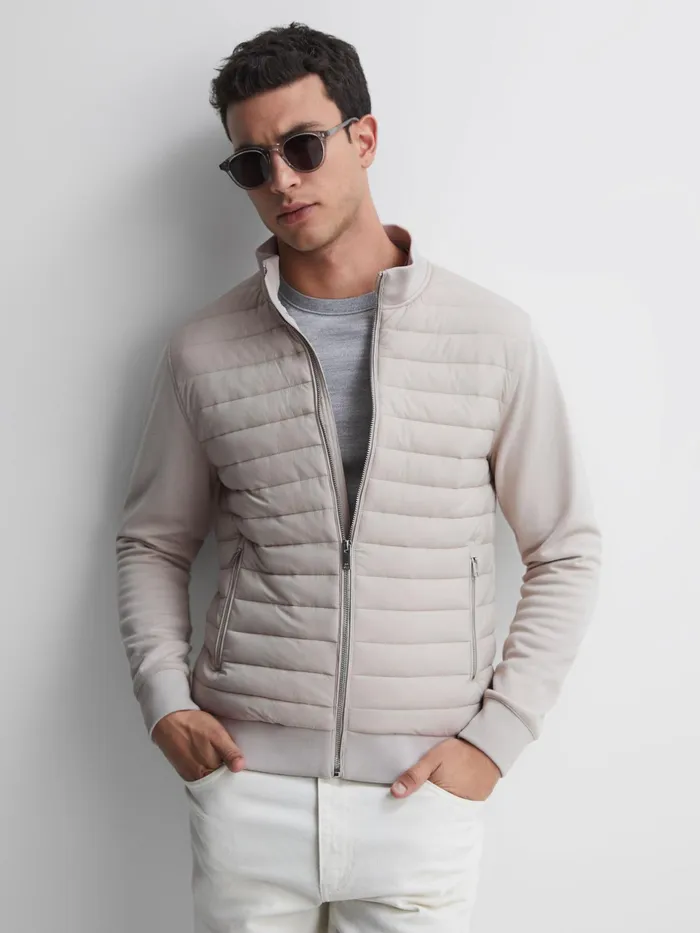 Reiss Coats and Jackets Flintoff Quilted Hybrid Jacket Stone 8211 Men