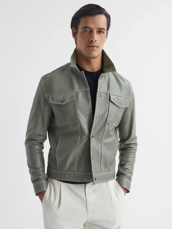 Reiss Coats and Jackets Gisborne Leather Press Stud Trucker Jacket Sage 8211 Men Reiss Coats and Jackets Gisborne Leather Press Stud Trucker Jacket Sage 8211 Men