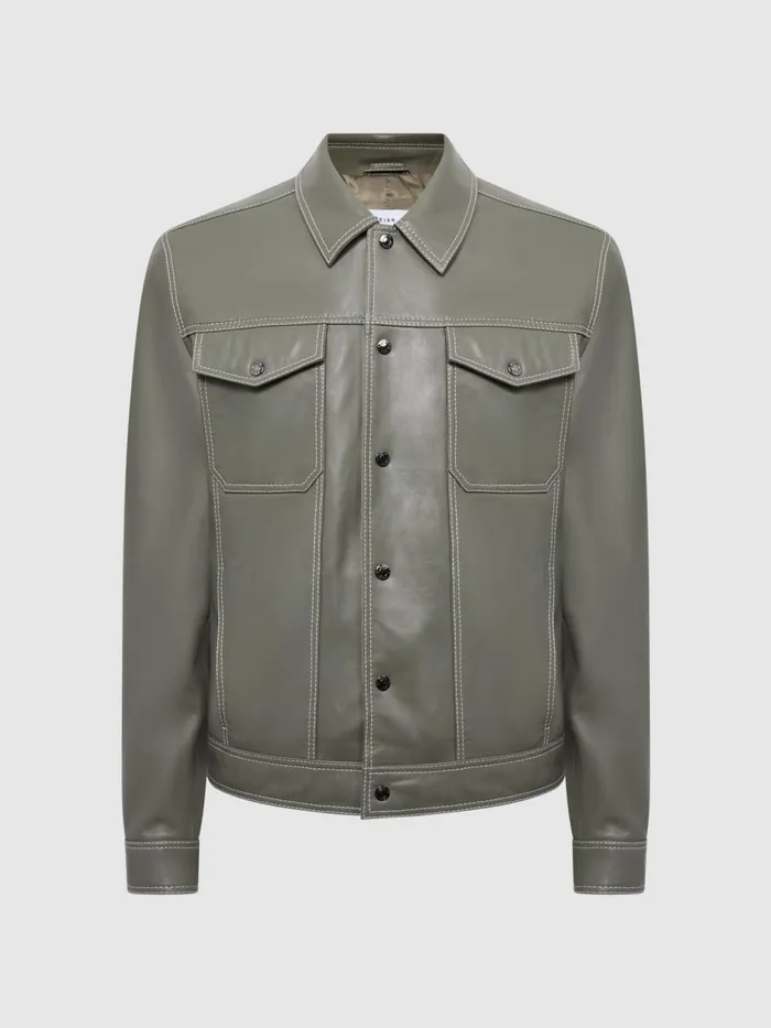 Reiss Coats and Jackets Gisborne Leather Press Stud Trucker Jacket Sage 8211 Men