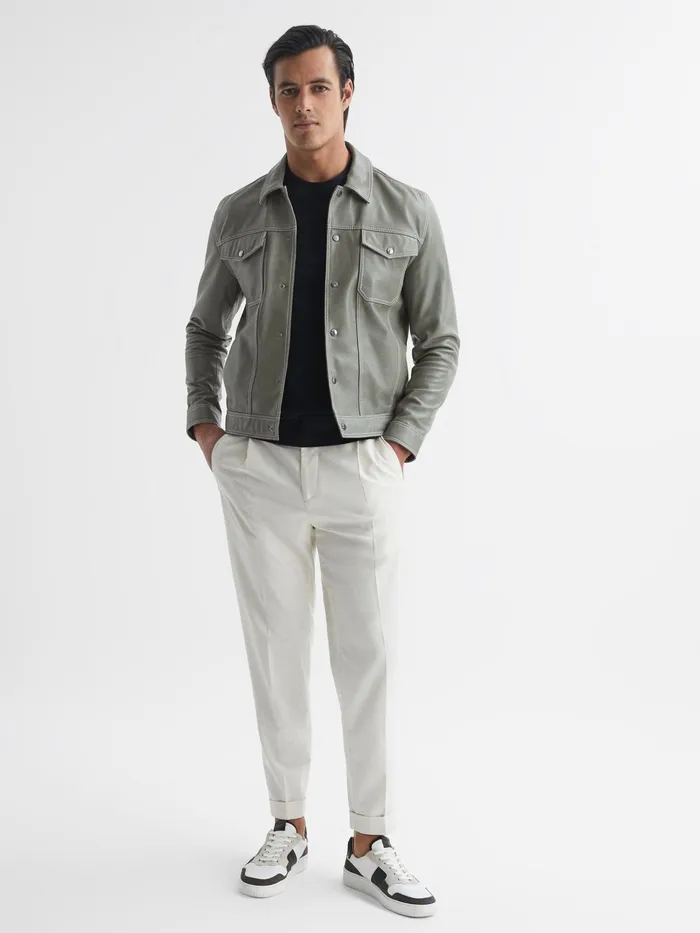 Reiss Coats and Jackets Gisborne Leather Press Stud Trucker Jacket Sage 8211 Men
