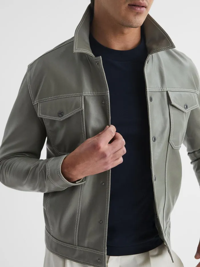 Reiss Coats and Jackets Gisborne Leather Press Stud Trucker Jacket Sage 8211 Men