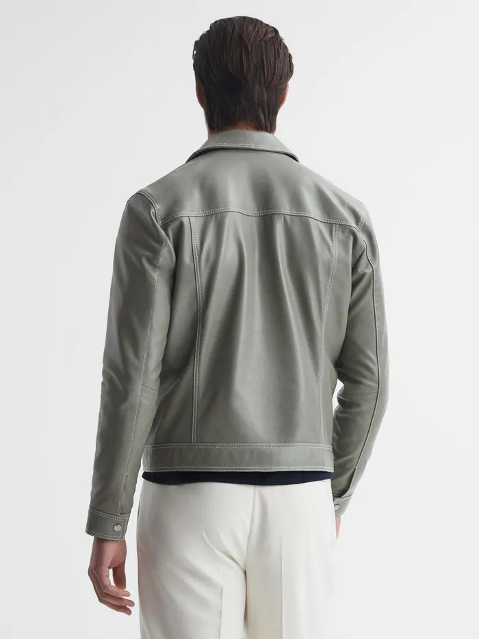 Reiss Coats and Jackets Gisborne Leather Press Stud Trucker Jacket Sage 8211 Men