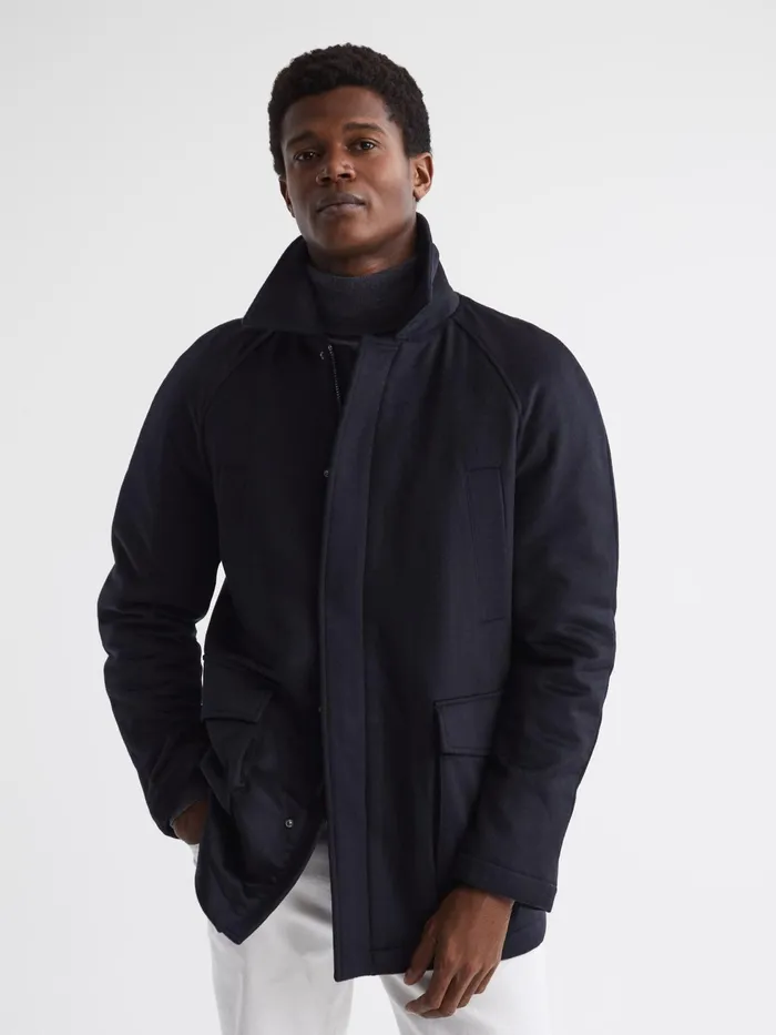 Reiss Coats and Jackets Mandarin Zip Through Cashmere Coat Navy 8211 Men