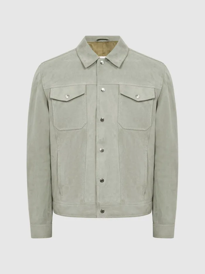 Reiss Coats and Jackets Noa Suede ButtonThrough Trucker Jacket Sage 8211 Men