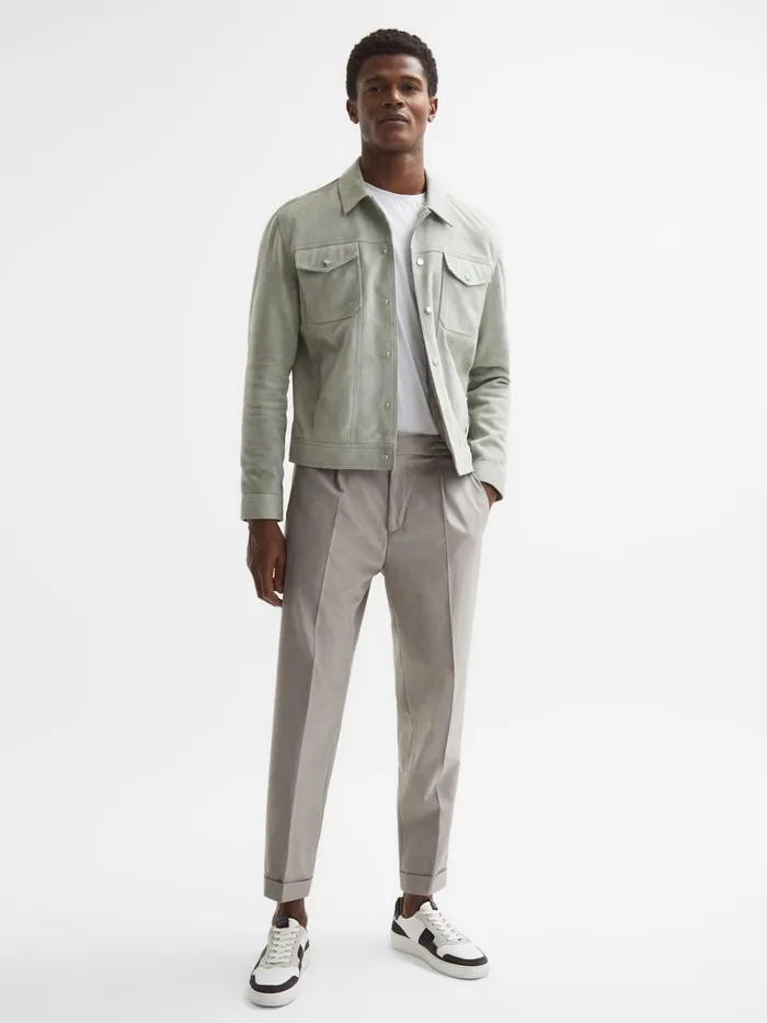 Reiss Coats and Jackets Noa Suede ButtonThrough Trucker Jacket Sage 8211 Men