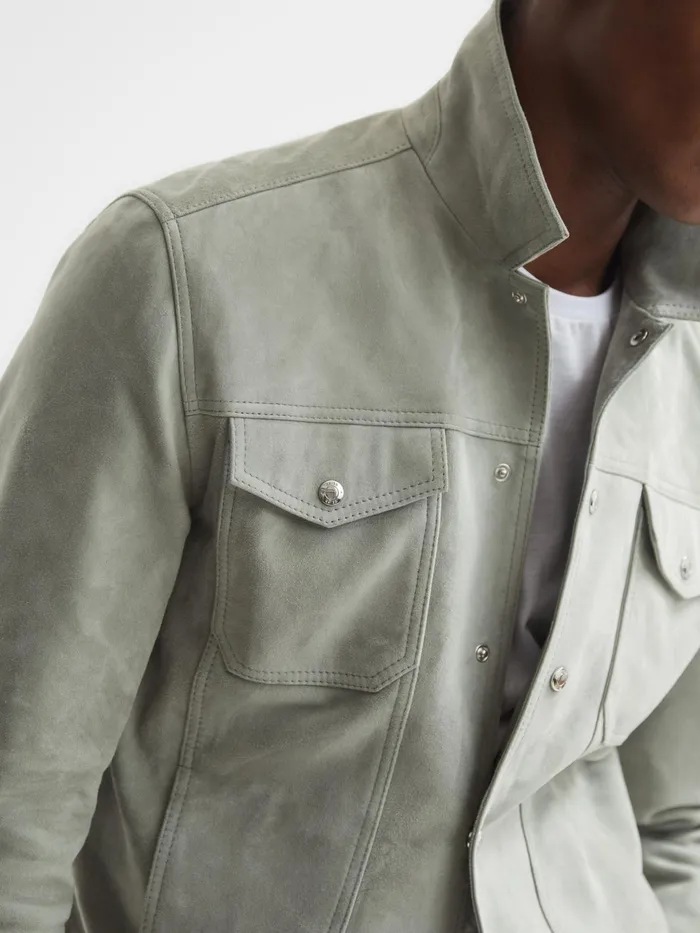 Reiss Coats and Jackets Noa Suede ButtonThrough Trucker Jacket Sage 8211 Men