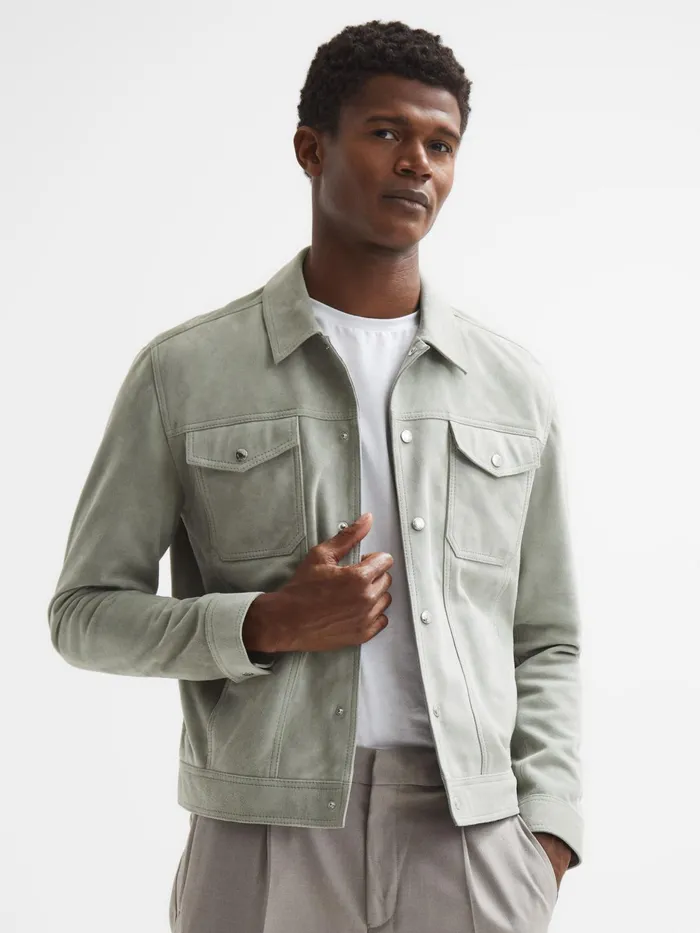 Reiss Coats and Jackets Noa Suede ButtonThrough Trucker Jacket Sage 8211 Men