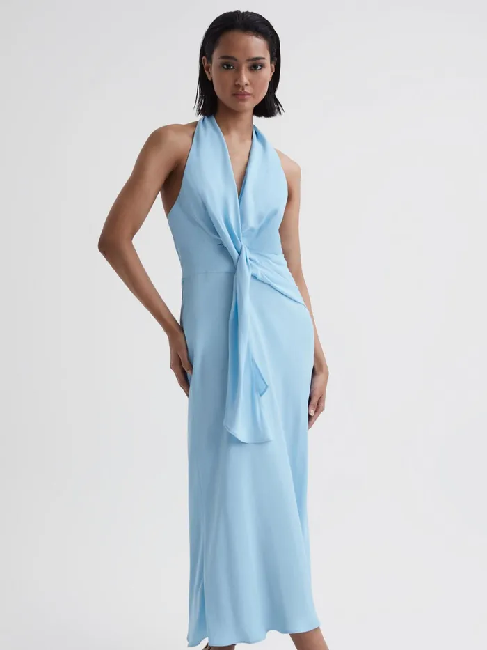 Reiss Dresses Amber Halter Neck Tie Detail Midi Dress Blue 8211 Women