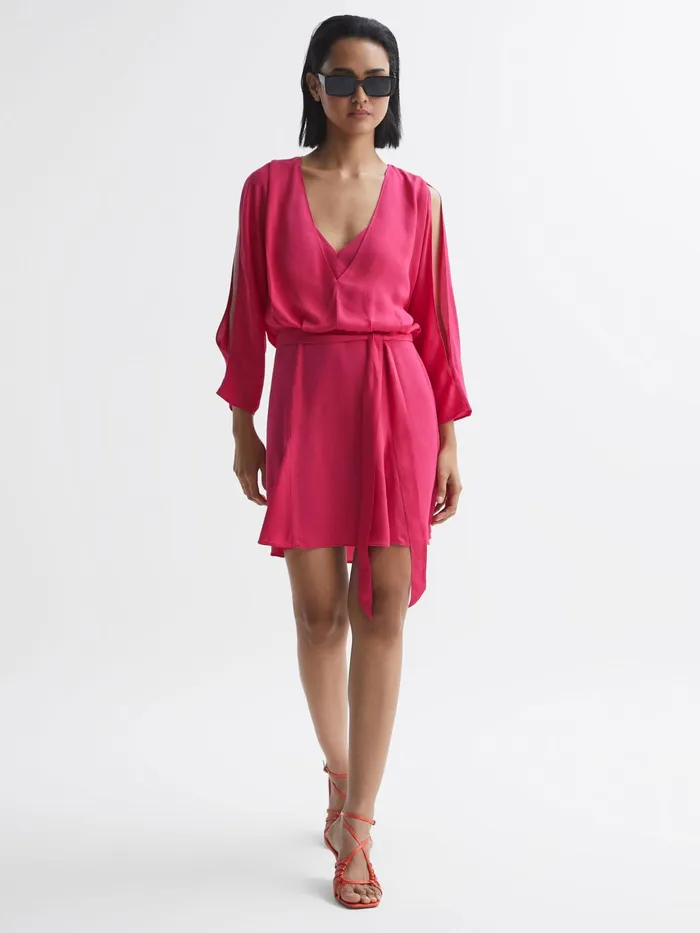 Reiss Dresses Anna Open Back Split Sleeve Mini Dress Bright Pink 8211 Women