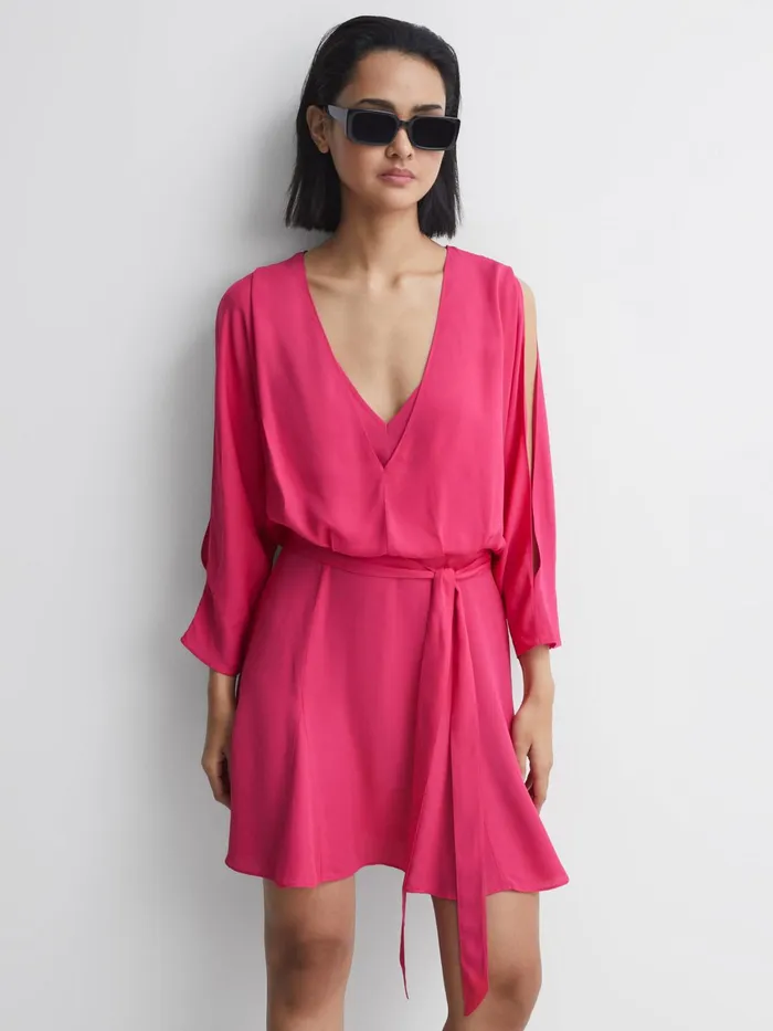 Reiss Dresses Anna Open Back Split Sleeve Mini Dress Bright Pink 8211 Women