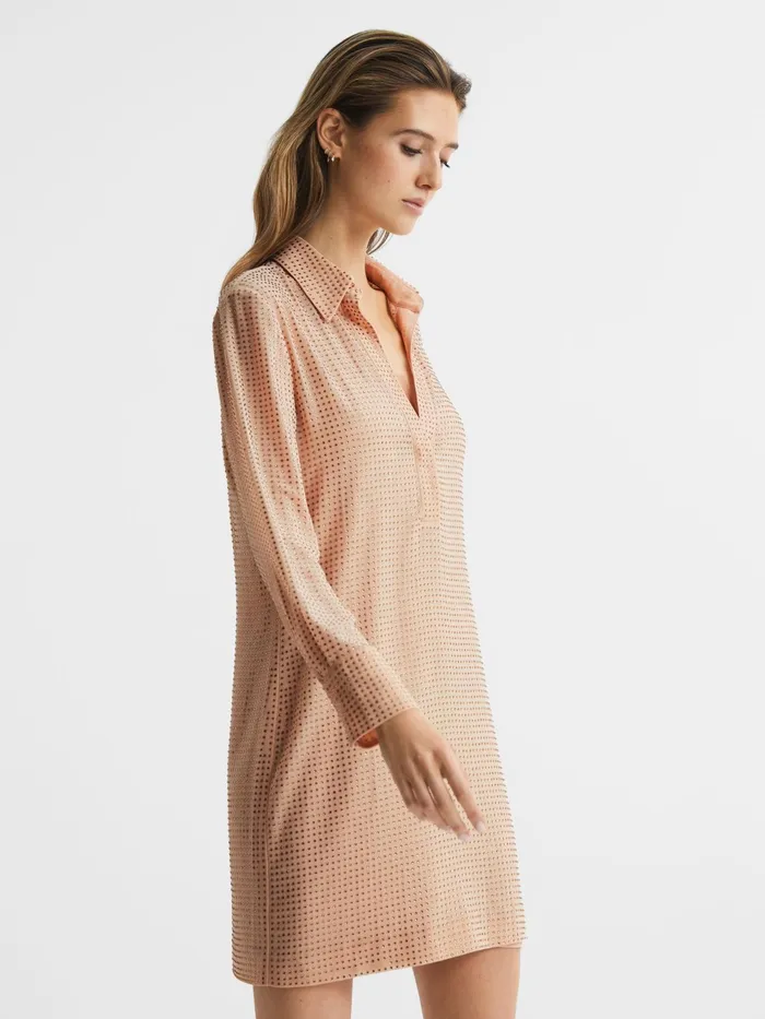 Reiss Dresses Austin Embellished Mini Shirt Dress Nude 8211 Women