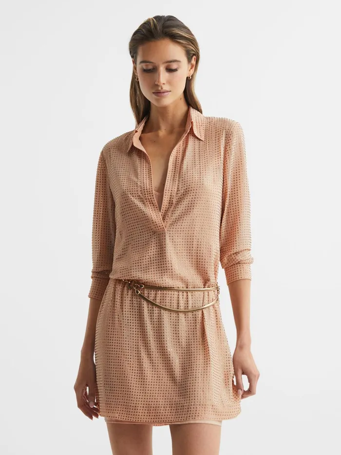 Reiss Dresses Austin Embellished Mini Shirt Dress Nude 8211 Women