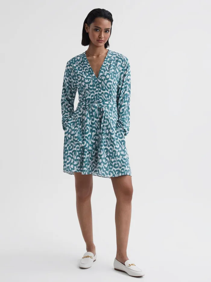 Reiss Dresses Briella Belted VNeck Long Sleeve Dress Tealwhite 8211 Women
