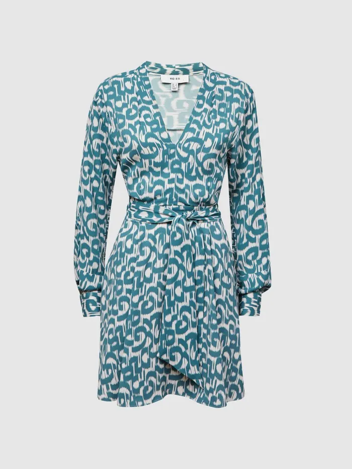 Reiss Dresses Briella Belted VNeck Long Sleeve Dress Tealwhite 8211 Women