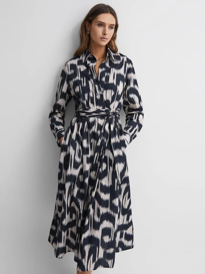 Reiss Dresses Cleo Printed Belted Midi Dress Blackcream 8211 Women